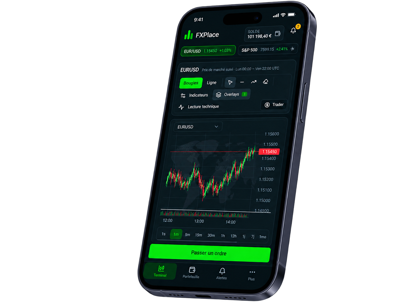 Application mobile FXPlace affichant le terminal de trading